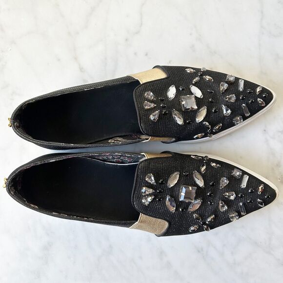 Ted Baker Loafers Black Rhinestone Gold Metallic Pointed Toe - Women's Size 9/40 - Picture 7 of 8